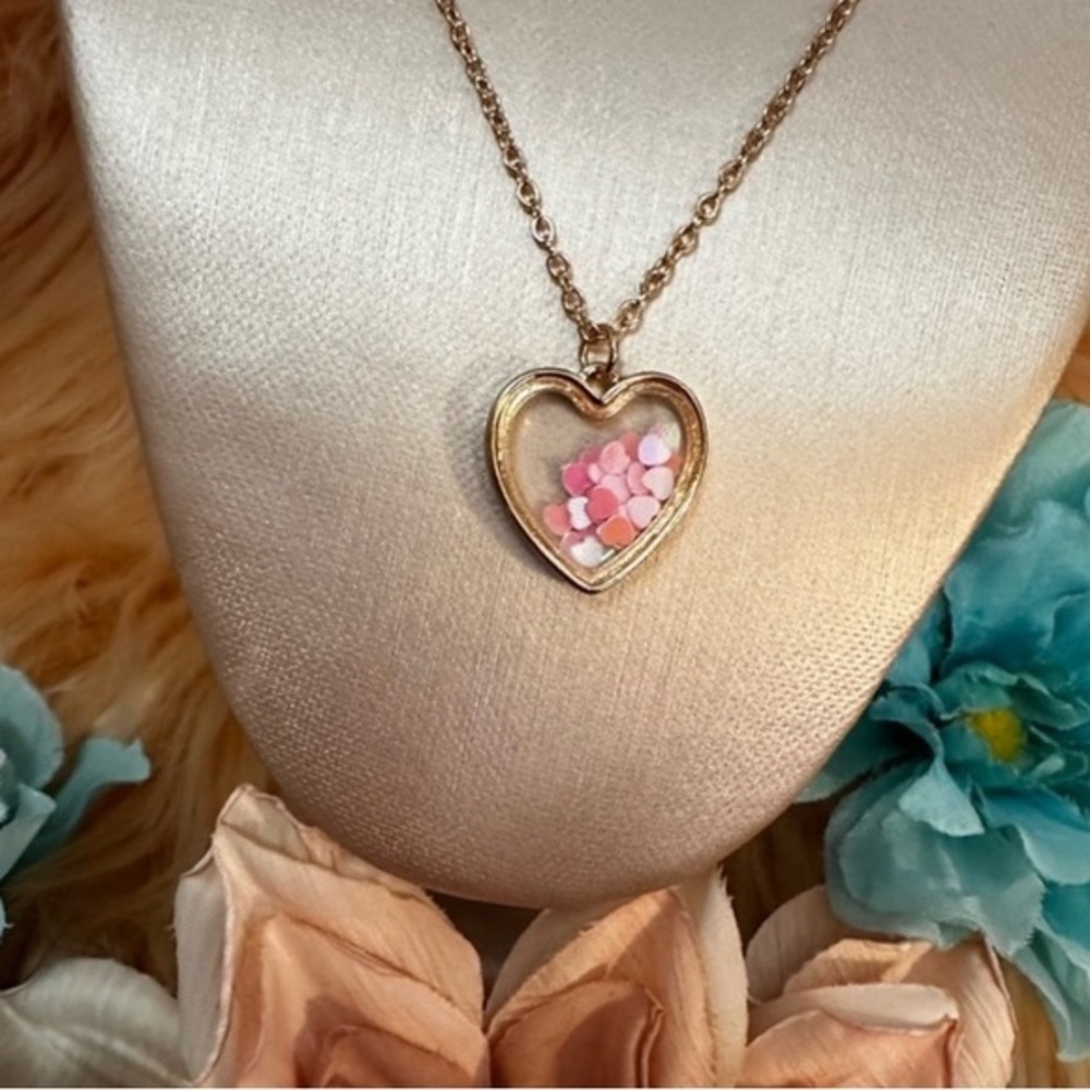 Pink Floating Hearts Pendant Necklace With Gold Chain NEW!